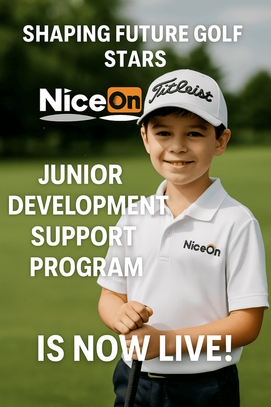 Young golfer promoting NiceOn's Junior Development Support Program for future golf stars.
