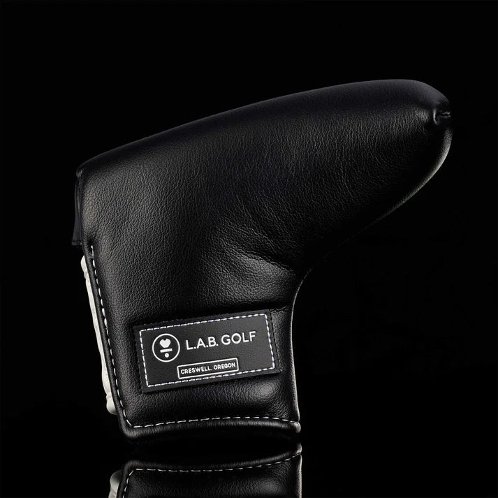 Black leather putter head cover by L.A.B. Golf, made in Creswell, Oregon, designed for optimal protection.