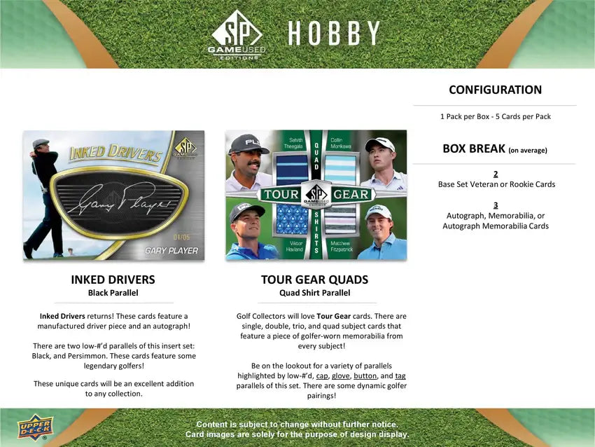 2024 Upper Deck Sp Game Used Golf Hobby Box product details featuring Inked Drivers and Tour Gear Quads.