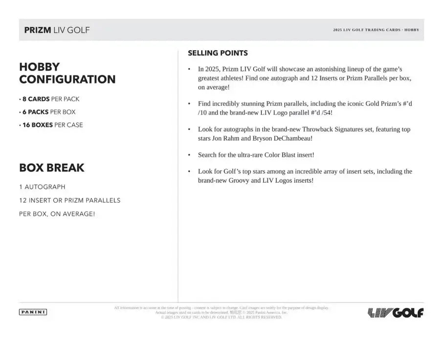 2025 Panini Prizm LIV Golf Hobby Box configuration details, showcasing autographs and parallels.