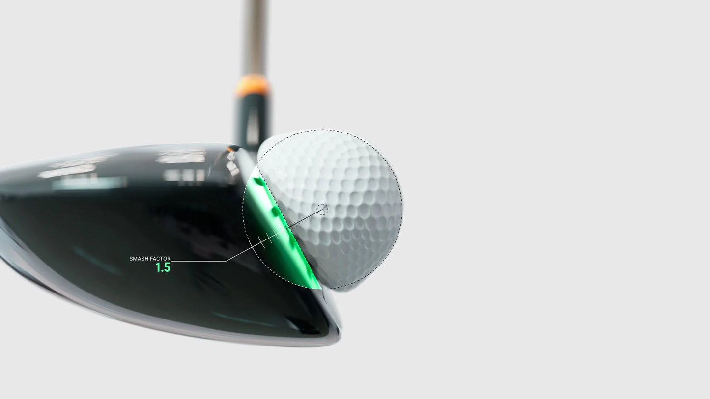 Close-up of a golf club hitting a golf ball, showcasing swing metrics for precision performance.