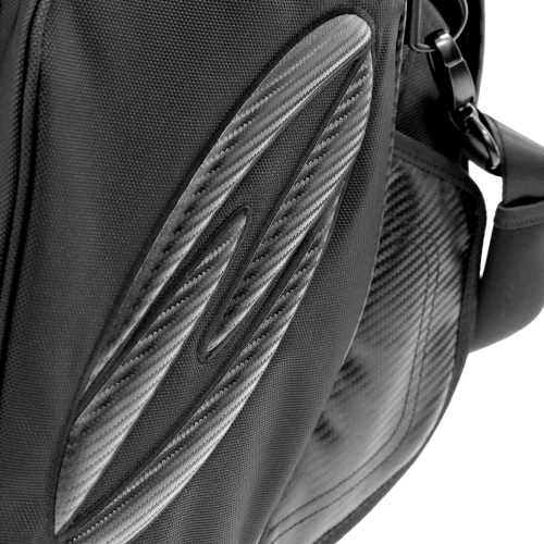Close-up of Zodia Carbon Design Caddy Bag II showcasing its unique carbon-look fabric and stylish design elements.