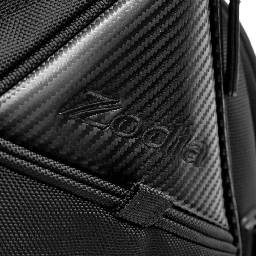 Close-up of the Zodia Carbon Design Caddy Bag II, showcasing its durable carbon-look fabric and embossed logo.