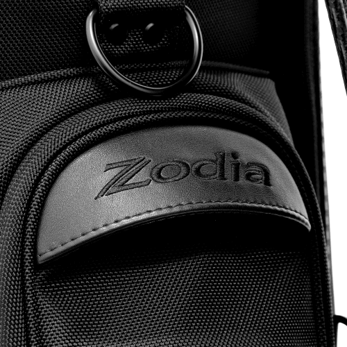 Close-up of Zodia logo on the Carbon Design Caddy Bag II, showcasing its durable fabric and sleek design.