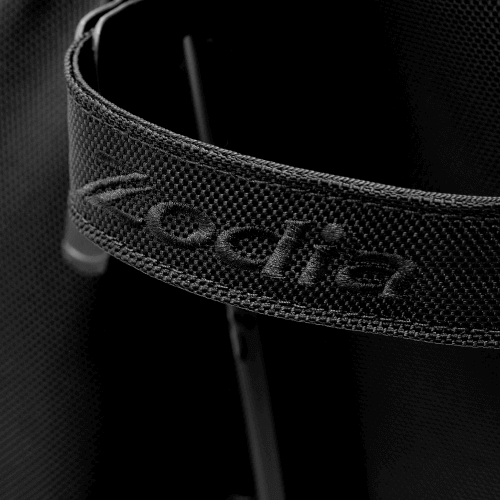 Close-up of the Zodia Carbon Design Caddy Bag II shoulder strap showcasing high-quality carbon-look fabric.