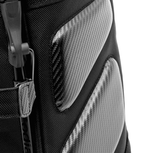 Close-up of Zodia Carbon Design Caddy Bag II featuring durable carbon-look fabric with sleek design and textures.