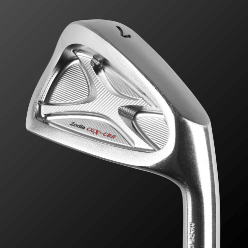 Zodia CGX-CB Ⅱ iron set close-up showcasing the innovative thicker blade design for improved accuracy.