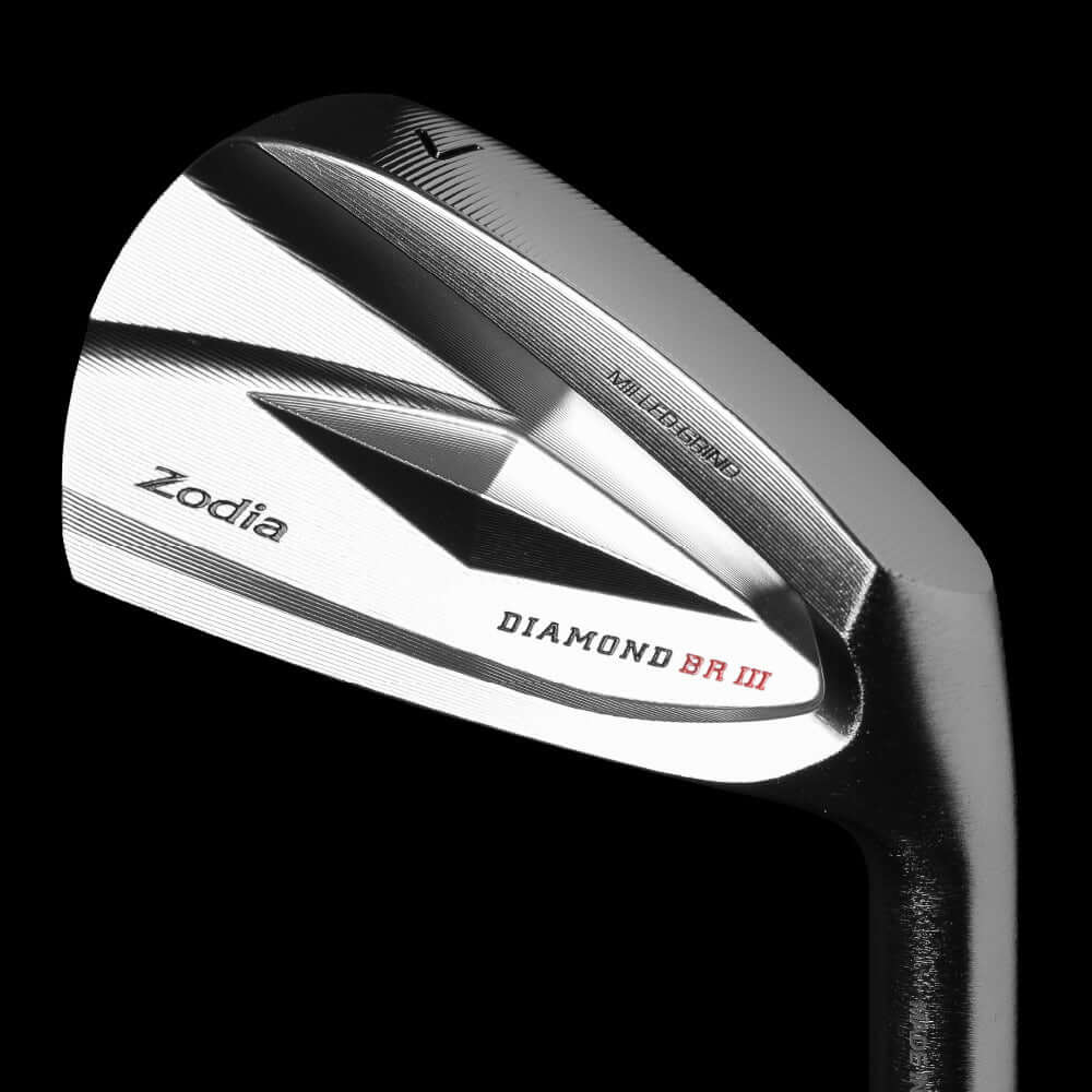Zodia DIAMOND BR III iron set showcasing precision CNC milling and sleek design on a black background.