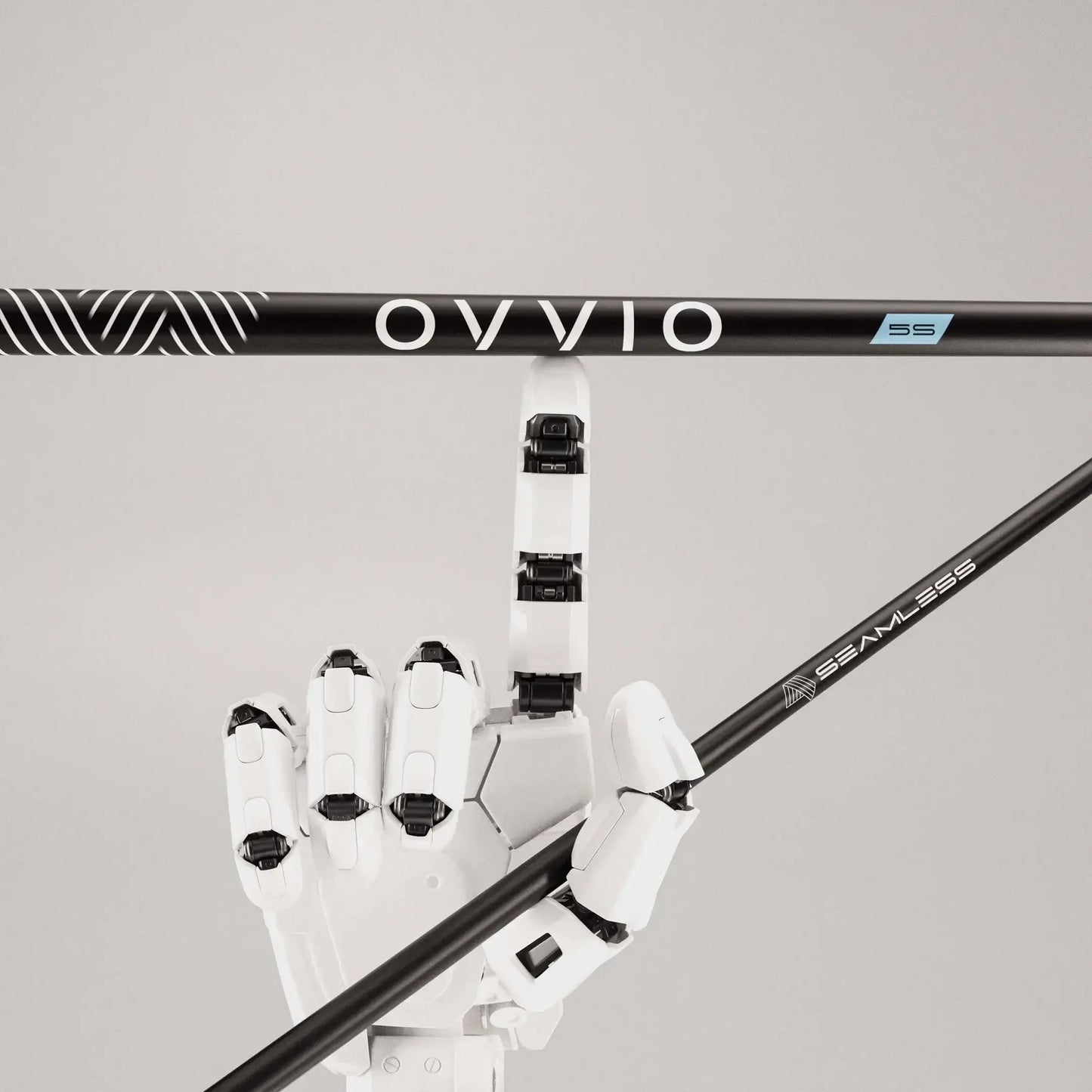 OVVIO green seamless wood shafts showcased with a robotic hand for advanced performance and technology.