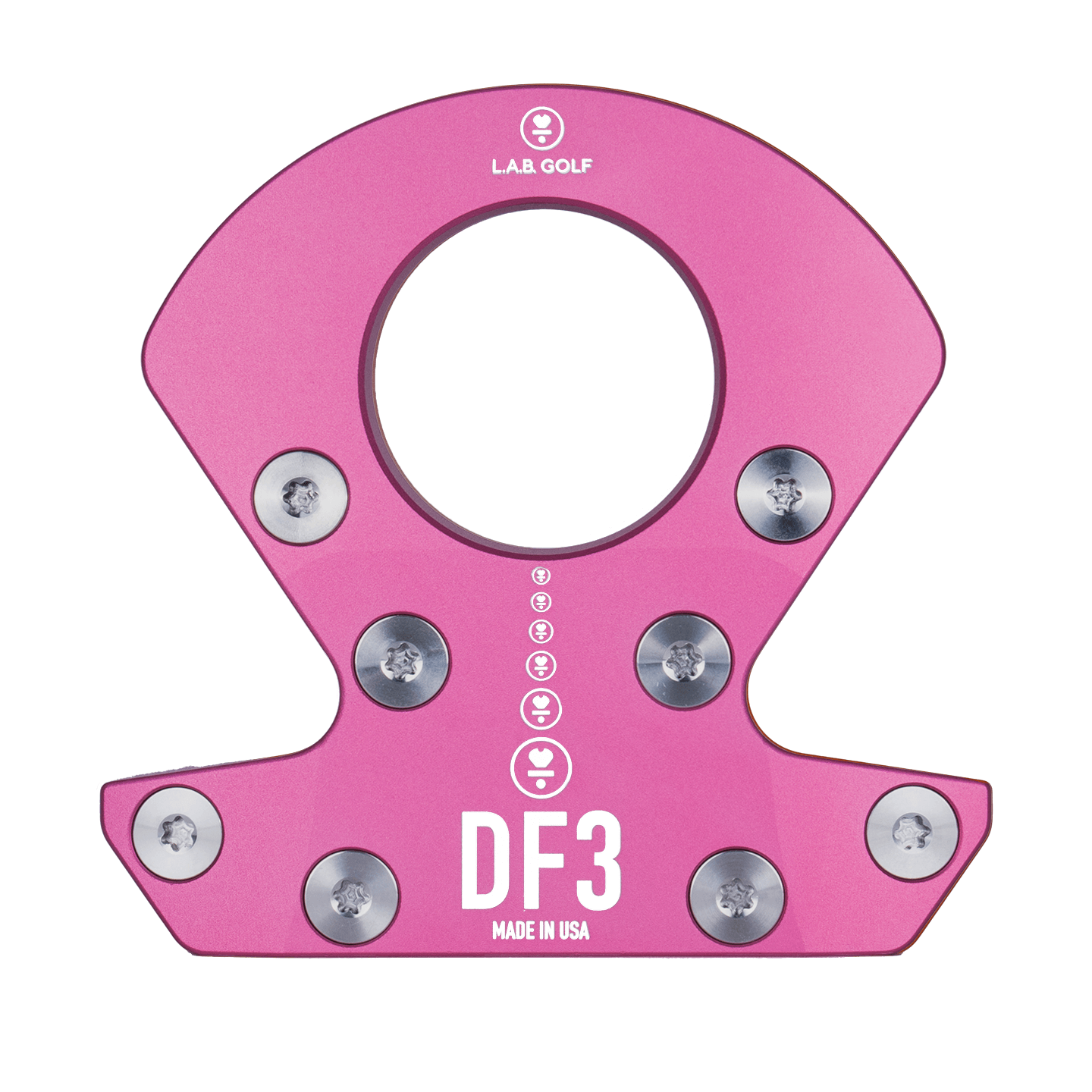 L.A.B. Golf DF3 Custom Putter in vibrant pink, showcasing unique design and adjustable weights for golfers.