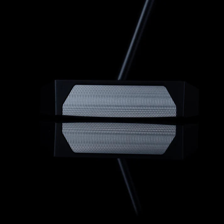 Close-up of the L.A.B. OZ.1i Stock Putter head showcasing its unique face design against a black background.