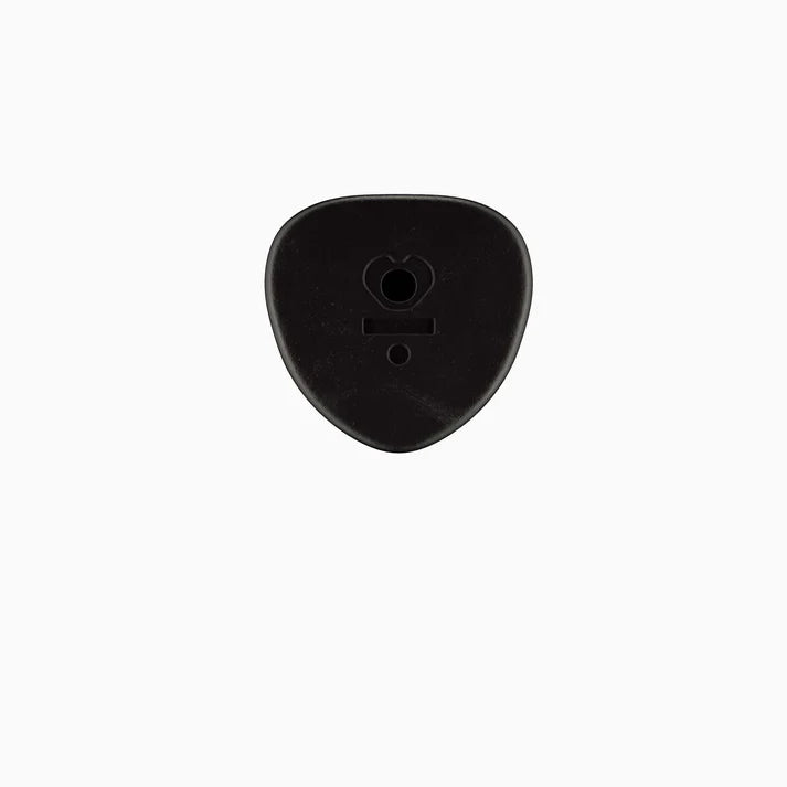 Black guitar pick holder with a unique heart-shaped hole for easy attachment.