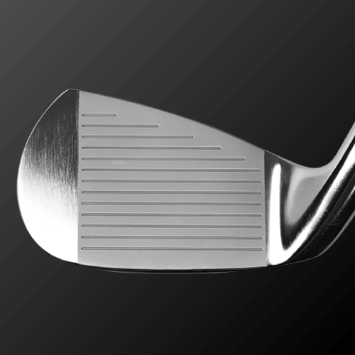 Close-up of Zodia SV-C101 iron clubface highlighting grooves and polished finish for average golfer performance.