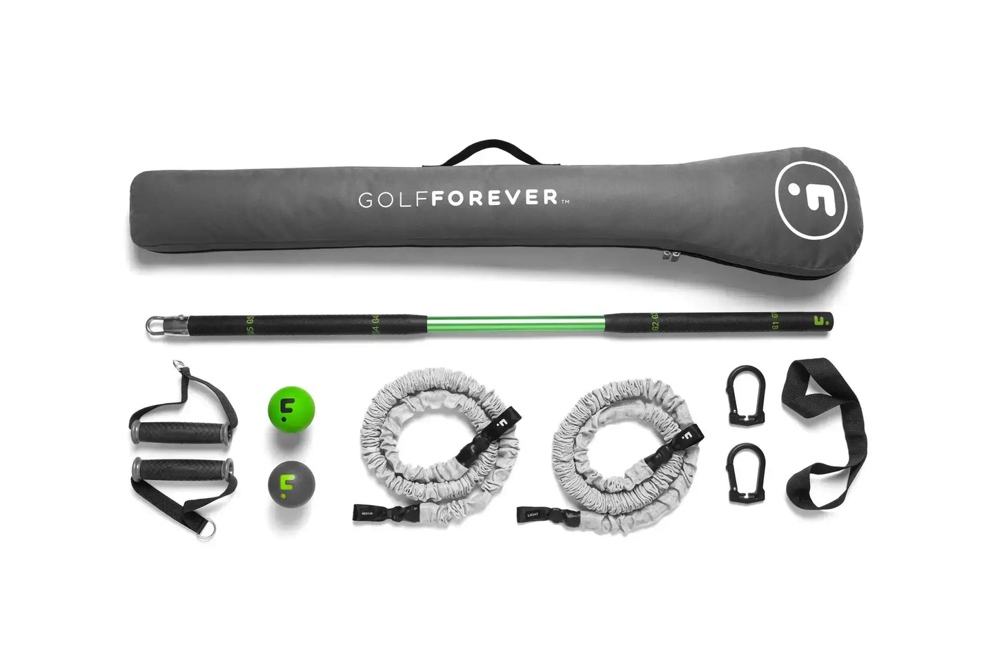 GolfForever™ Swing Trainer+ kit including resistance bands, balls, and accessories for golf training and mobility improvement.