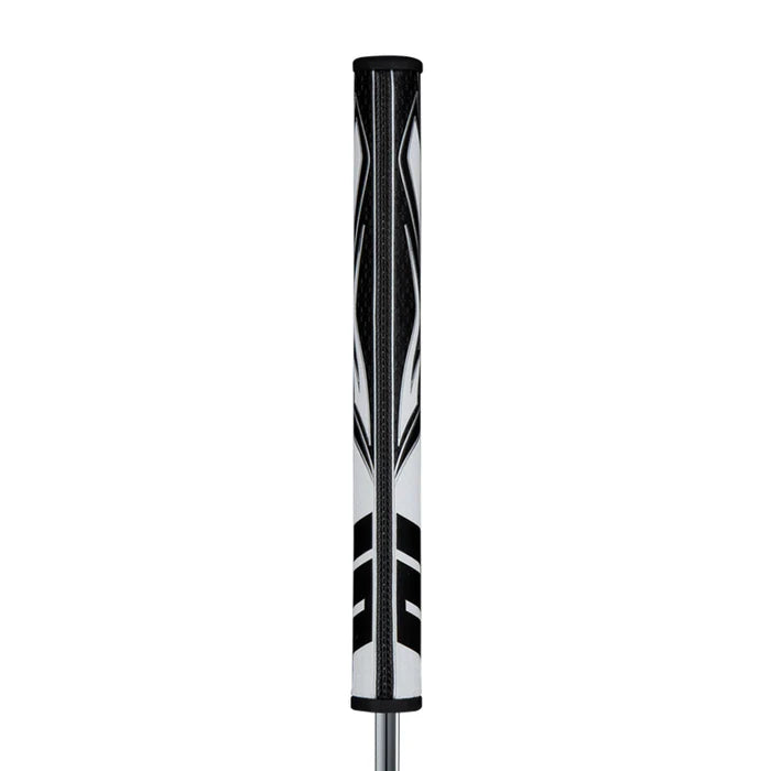 SuperStroke Zenergy Flatso putter grip with a sleek black and white design, showcasing its unique pentagonal profile.