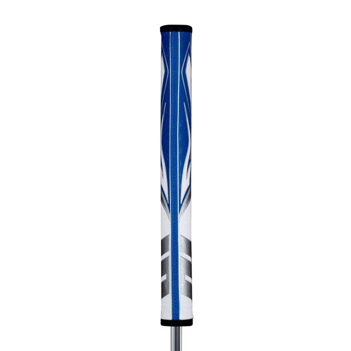 SuperStroke Zenergy Flatso putter grip in blue and white with sleek design for enhanced feel and feedback.