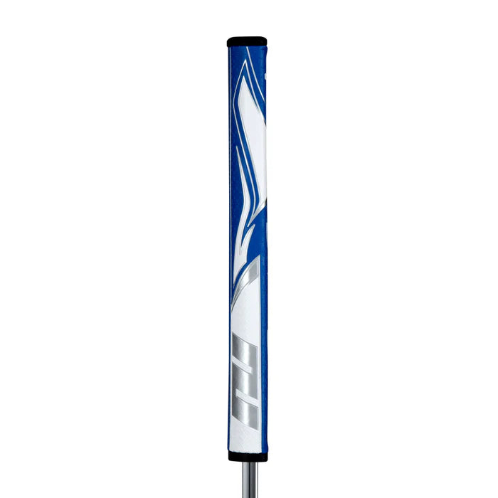 SuperStroke Zenergy Flatso putter grip with blue and white design, featuring a pentagonal shape for optimal performance.