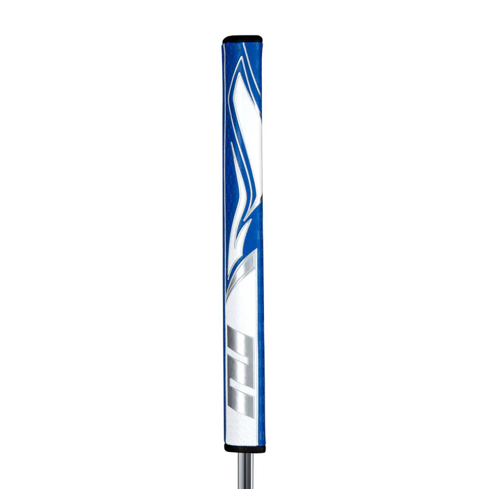 SuperStroke Zenergy Flatso putter grip in blue, featuring Flatso profile and Enhanced Spyne Technology for better feel.