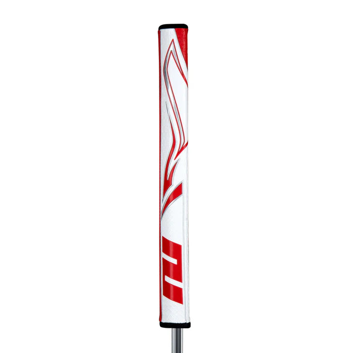 SuperStroke Zenergy Flatso putter grip with white and red design, featuring distinct pentagonal shape for enhanced feel.
