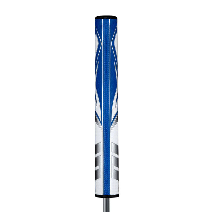 SuperStroke Zenergy Flatso putter grip featuring a unique blue and white design with pentagonal profile for enhanced feel.