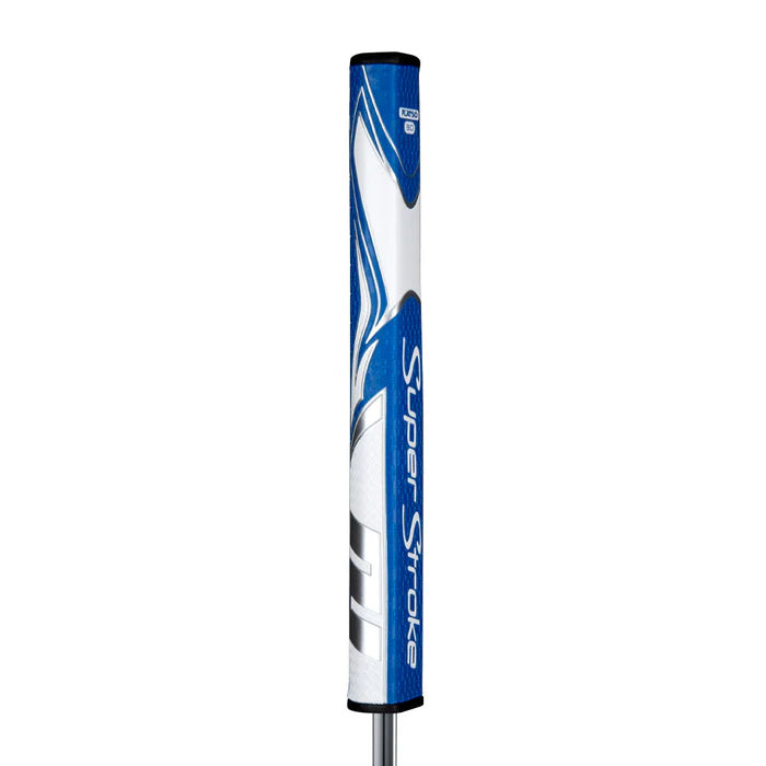 SuperStroke Zenergy Flatso putter grip with a blue and white design, featuring a distinct pentagonal shape for enhanced feel.