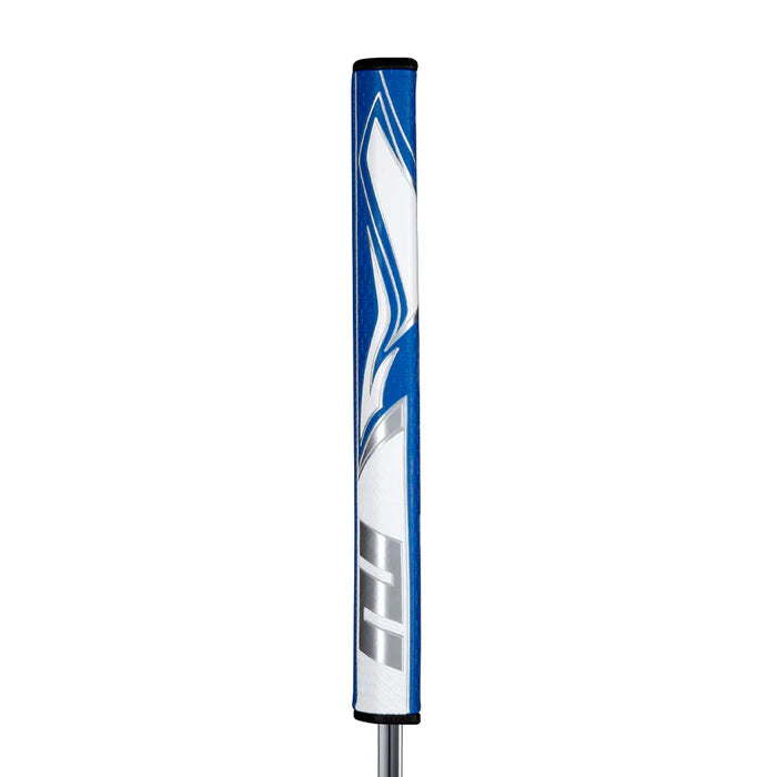 SuperStroke Zenergy Flatso putter grip featuring a blue and white design with enhanced technology for better feel.