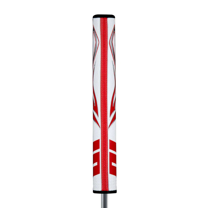 SuperStroke Zenergy Flatso putter grip with red and white design, featuring enhanced Spyne technology and multi-zone texturing.