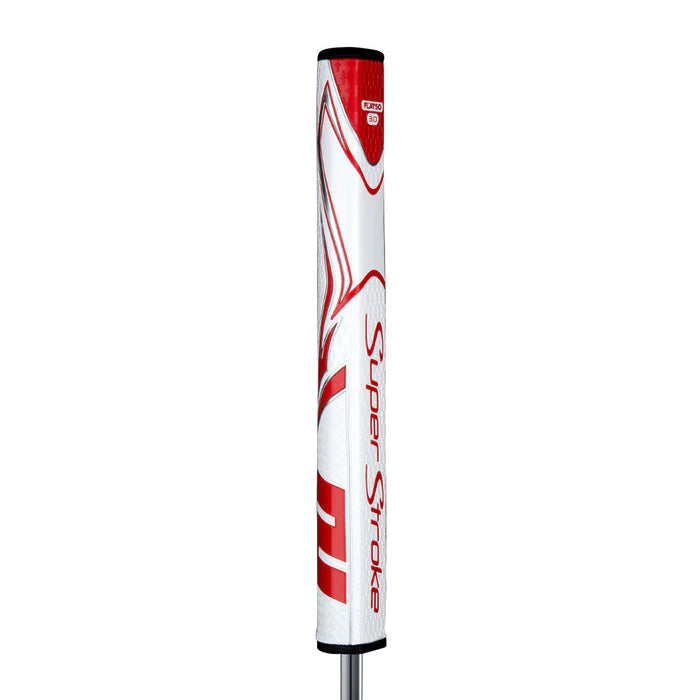 SuperStroke Zenergy Flatso putter grip showcasing red and white design, featuring a pentagonal shape for improved feel and feedback.
