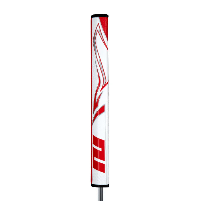 SuperStroke Zenergy Flatso putter grip in red and white with a sleek design for enhanced feel and control.