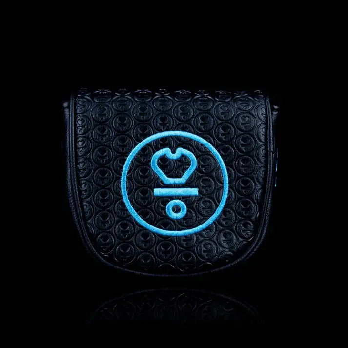 Black golf putter headcover with blue embroidered logo on a textured background.