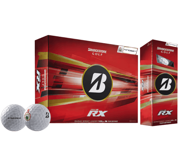 Bridgestone 2026 TOUR B RX Mindset Golf Balls (12 Pack) packaging with golf balls and box design.