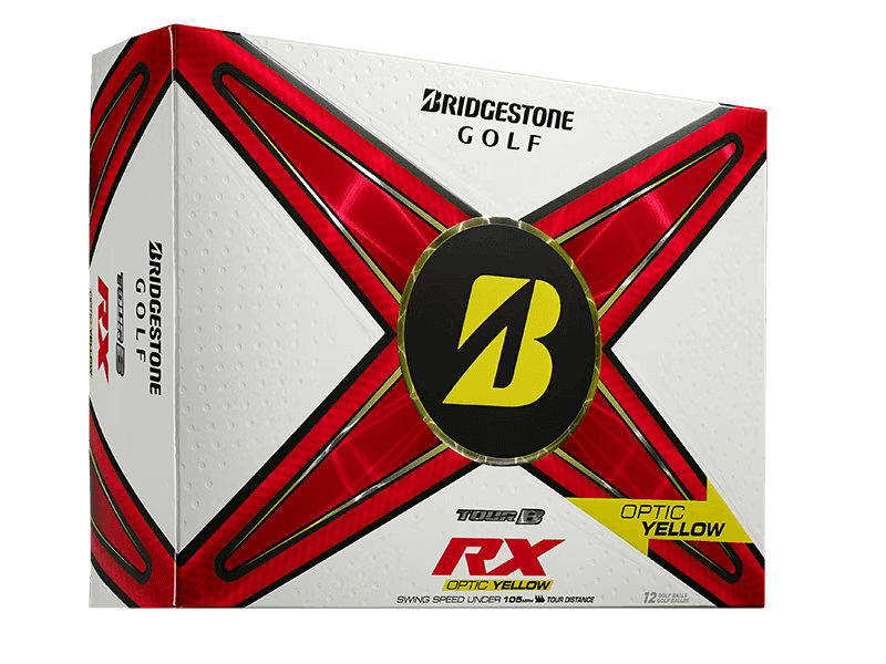Bridgestone TOUR B RX Golf Balls 12 Pack in Optic Yellow for distance and control for moderate swing speeds.