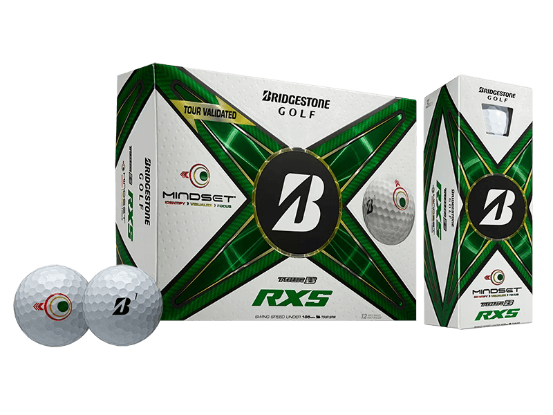 Bridgestone TOUR B RXS Mindset golf balls 12 pack with visual alignment aid for better pre-shot focus.