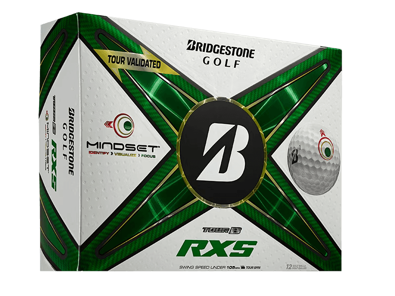 Bridgestone TOUR B RXS Mindset Golf Balls box featuring visual alignment aid for enhanced focus and premium performance.