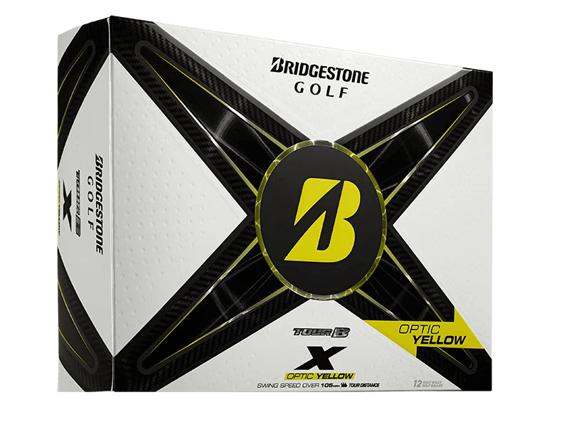 Bridgestone TOUR B X Golf Balls box in Optic Yellow, featuring advanced performance technology for players.