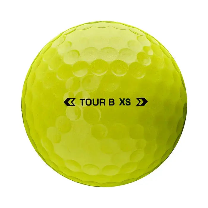 Bridgestone TOUR B XS golf ball in vibrant yellow color, designed for tour-level spin and softer feel.