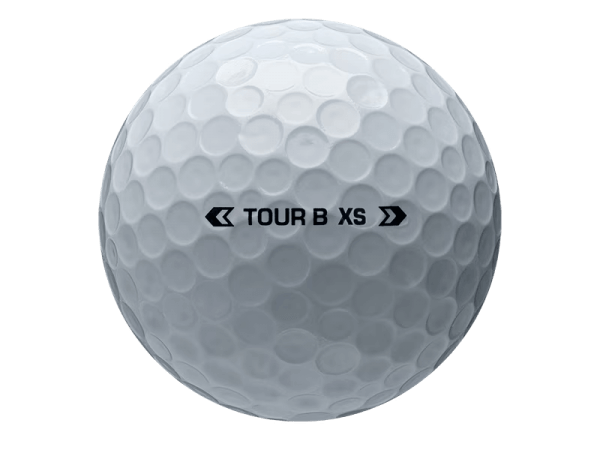 Close-up of a Bridgestone TOUR B XS golf ball, showcasing its unique dimple pattern and branding.