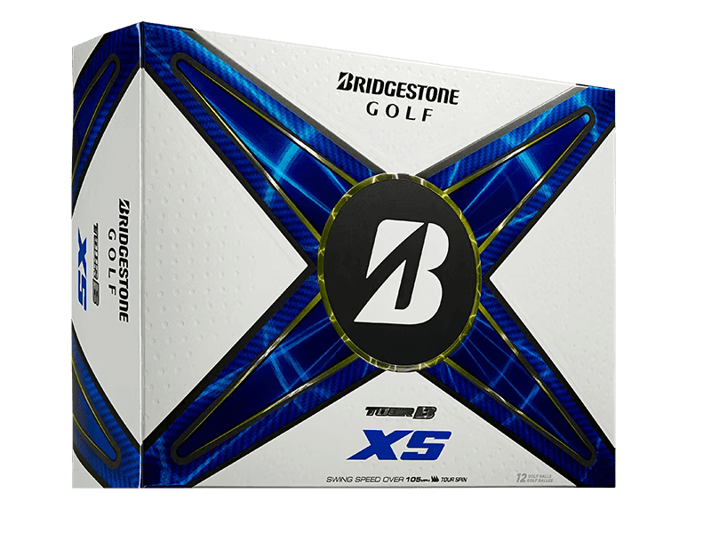 Bridgestone TOUR B XS golf balls 12 pack box with blue accents and logo, designed for maximum spin and soft feel.