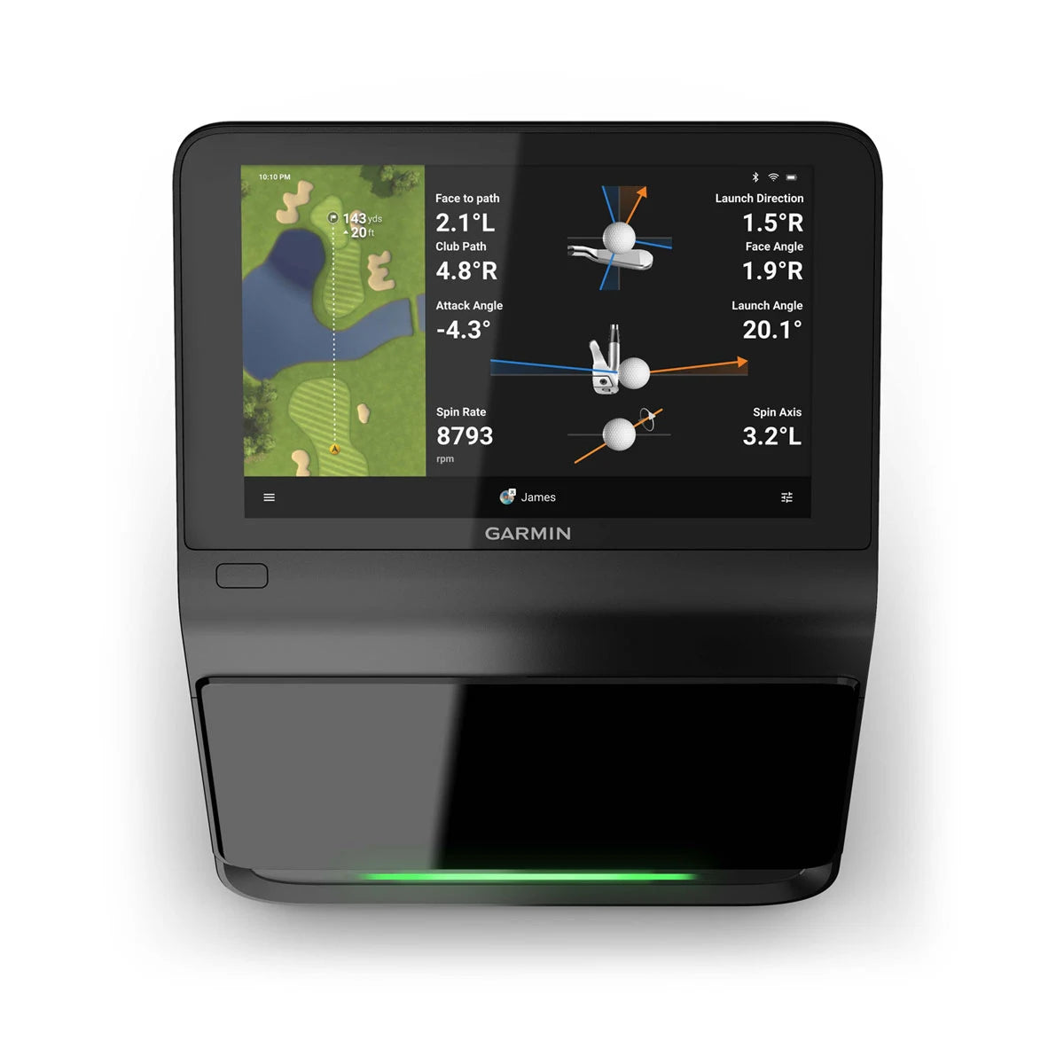 Garmin Approach R50 golf simulator with touchscreen display showing swing metrics and golf course layout.