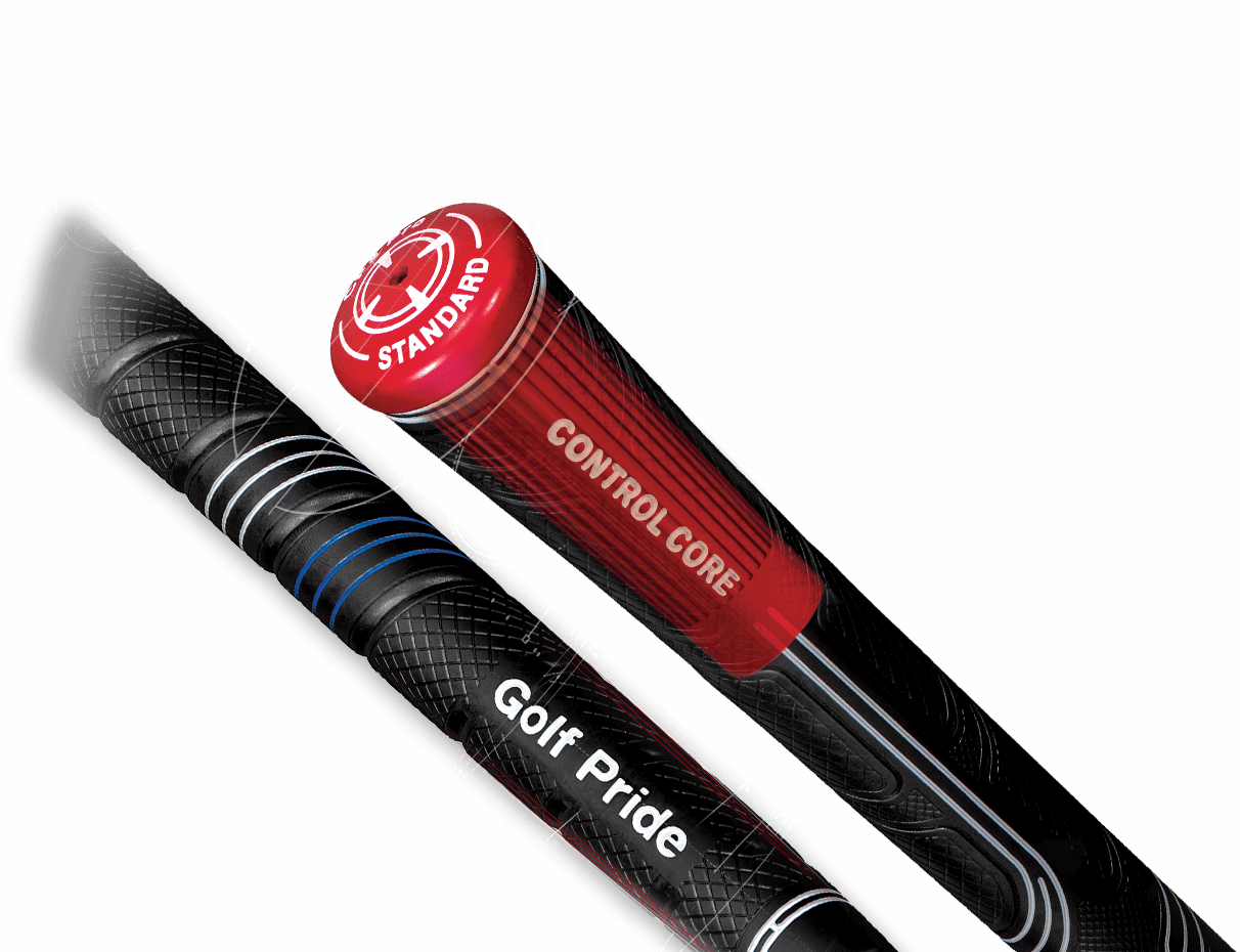 Close-up of Golf Pride CP2 Wrap golf grips showcasing Control Core technology and ergonomic design.