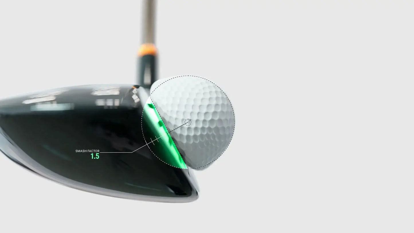 Close-up of a golf club hitting a golf ball, showcasing swing metrics for precision performance.