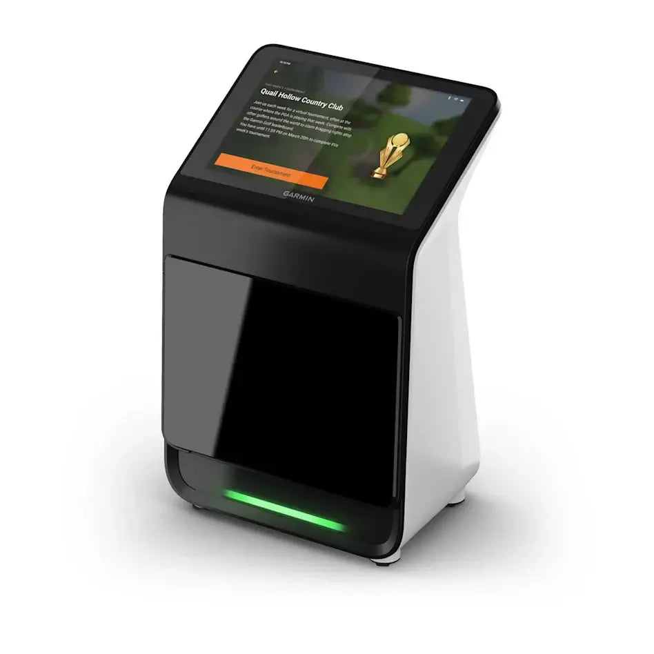 Garmin Approach R50 golf simulator and launch monitor with touchscreen display and sleek design.