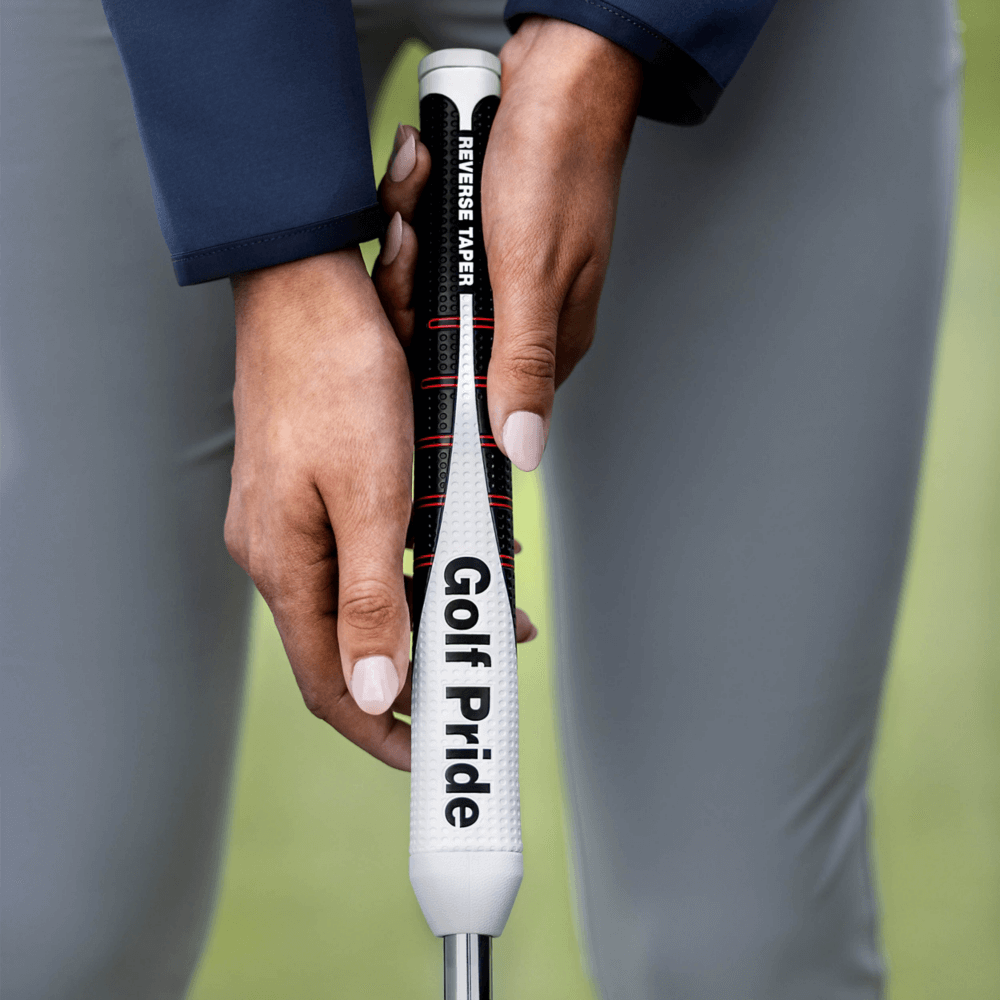 Golf Pride Reverse Taper flat putter grip showcasing its innovative design for optimizing putting stroke.