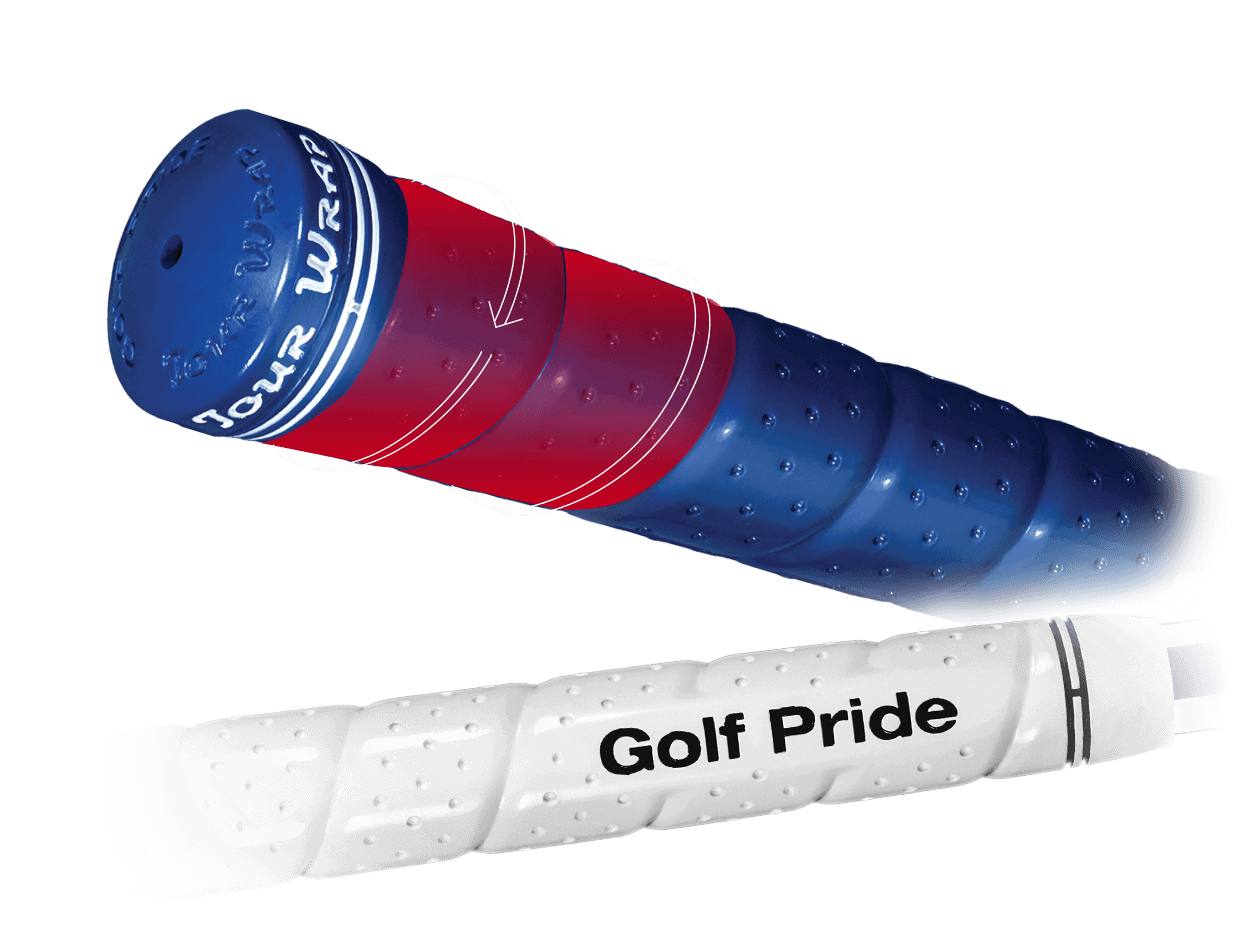 Golf Pride Tour Wrap 2G golf grips in blue and white, showcasing premium rubber construction and softness for enhanced performance.