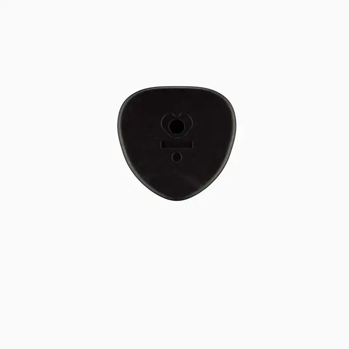 Black guitar pick holder with a unique heart-shaped hole for easy attachment.