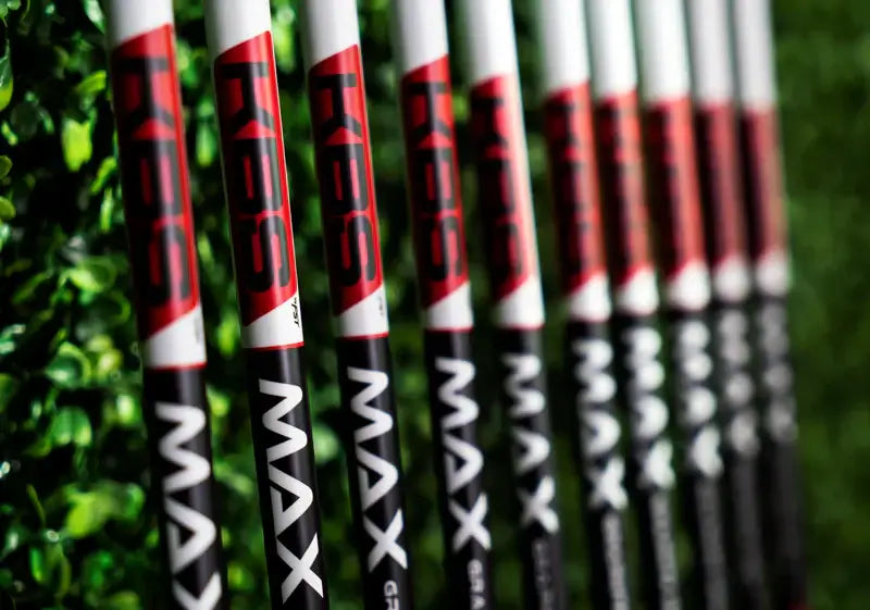 KBS MAX Graphite Iron Shafts lined up, designed for higher launch and accuracy for players with varying swing speeds.