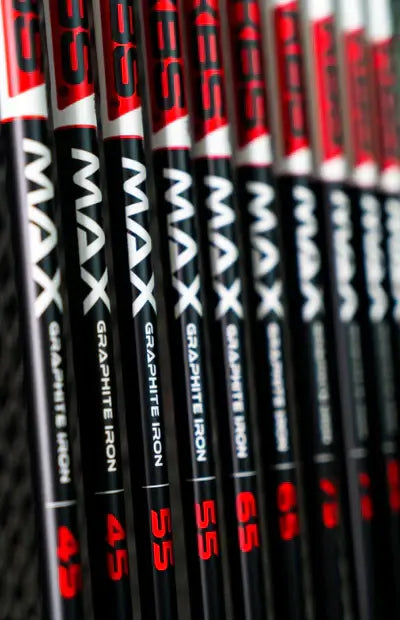 KBS MAX Graphite Iron shafts displayed in various flex options for enhanced swing speed performance.