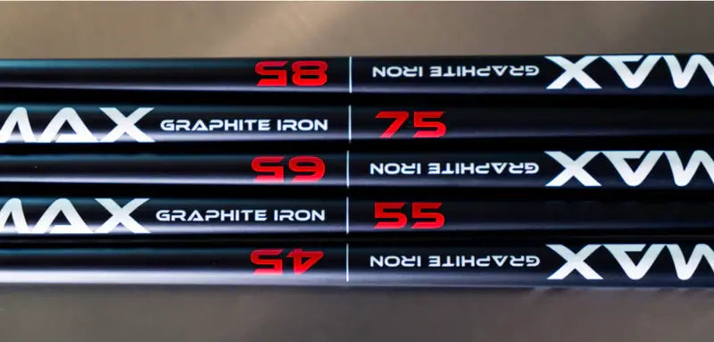 KBS MAX Graphite Iron Shafts showing different flex options: 85, 75, 65, 55, and 45 for optimized swing performance.