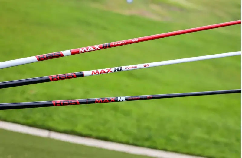 KBS MAX HL Hybrid Shafts in red, black, and white, designed for game improvement and optimal swing speed performance.