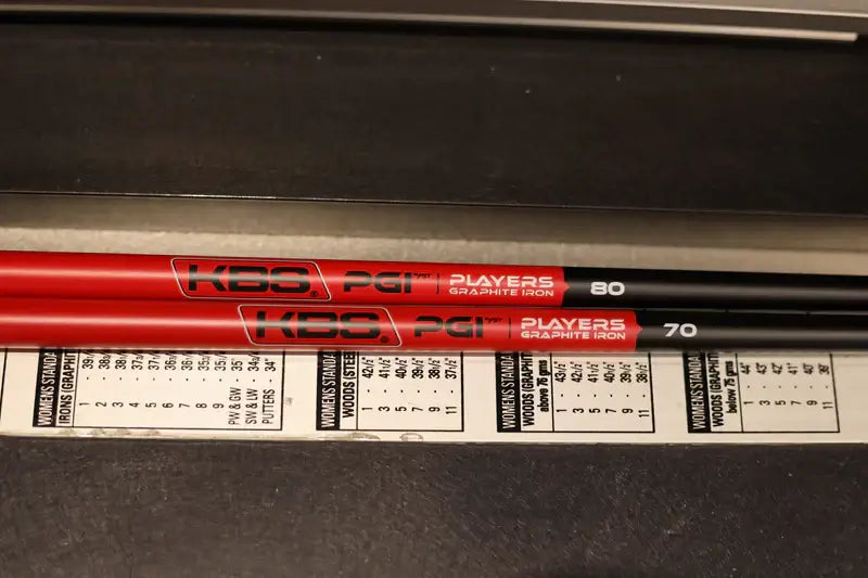 KBS PGI Players graphite iron shafts in black and red, showcasing performance features and optimal dispersion control.
